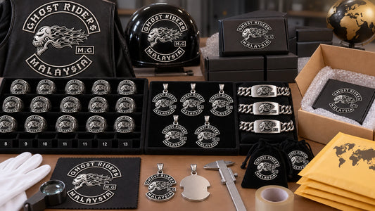 Bulk custom motorcycle club jewelry order being inspected, sorted by member and prepared for worldwide shipping.