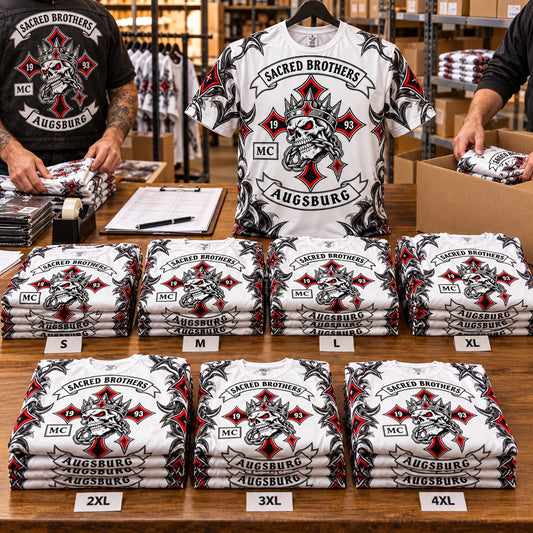 Organized bulk order of personalized Sacred Brothers Augsburg full-coverage motorcycle club shirts in mixed sizes.