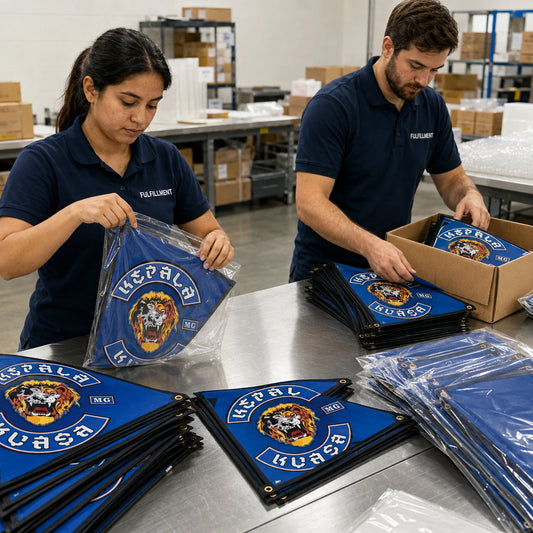 Fulfillment staff pack a bulk motorcycle club order of matching custom triangle flags.