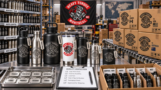 Custom motorcycle club water bottles organized for a bulk international order.