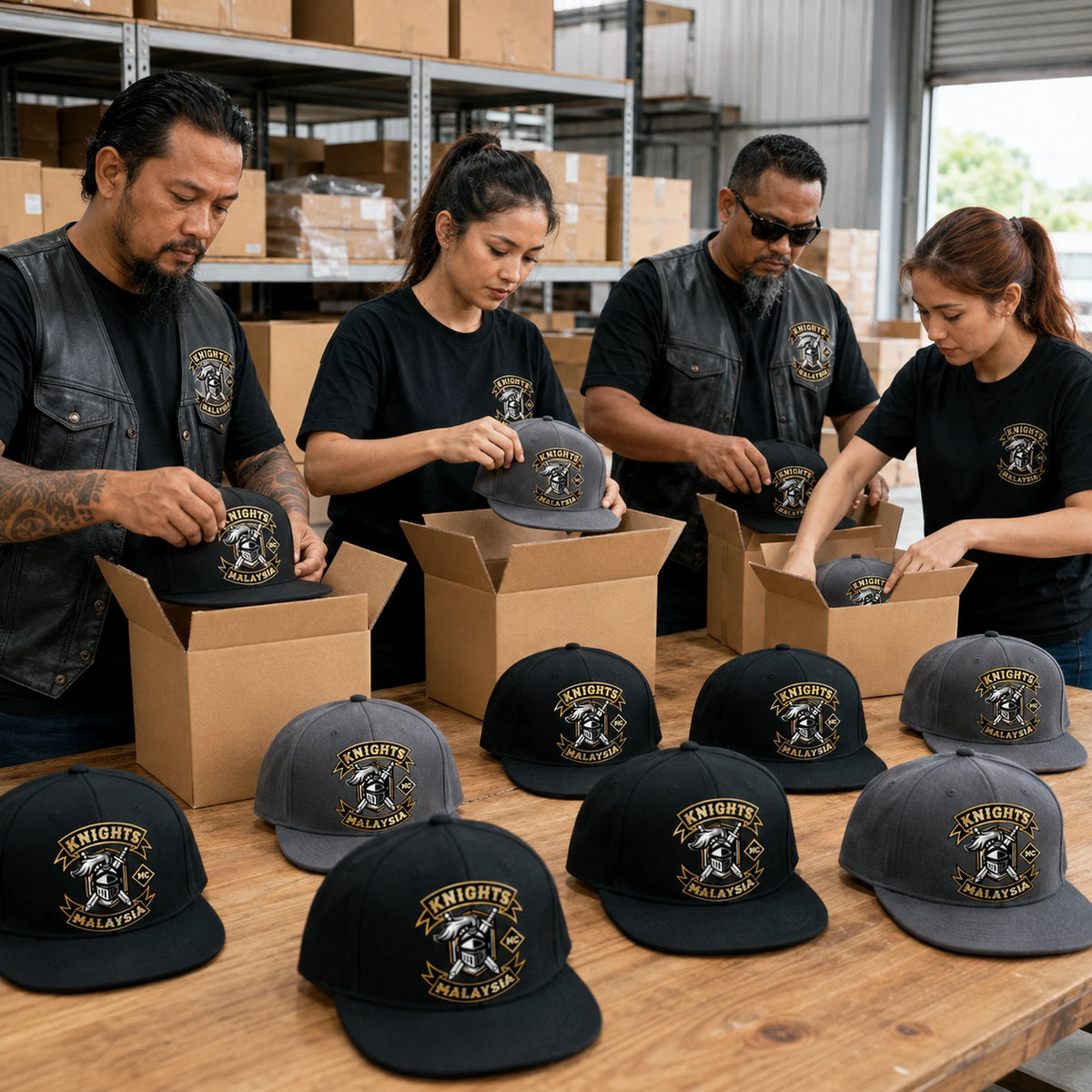 A motorcycle club team packs a coordinated bulk order of custom black and charcoal flat-brim caps.