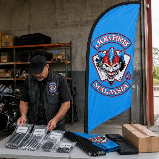 Bulk Order Support: custom motorcycle club feather flag shown in chapter quartermaster arranging labeled hardware kits on a shipping table.