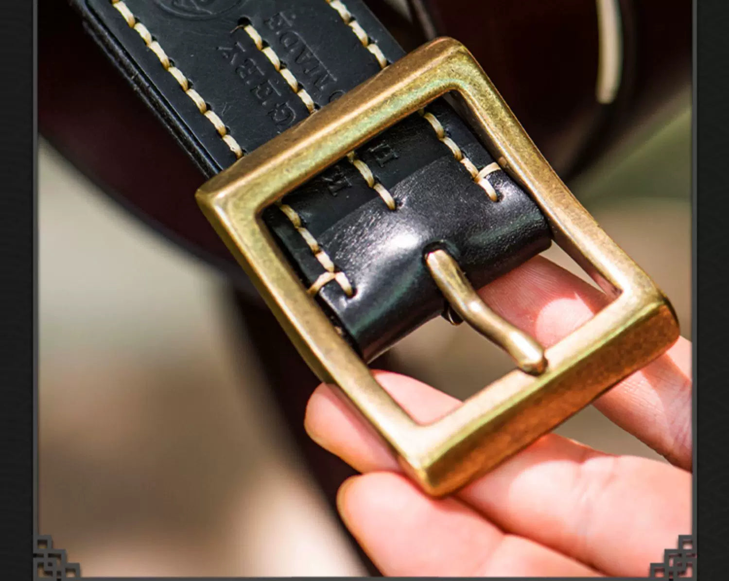 Burgundy Minimalist Full-Grain Leather Biker Belt with Brass Buckle – Belt construction detail