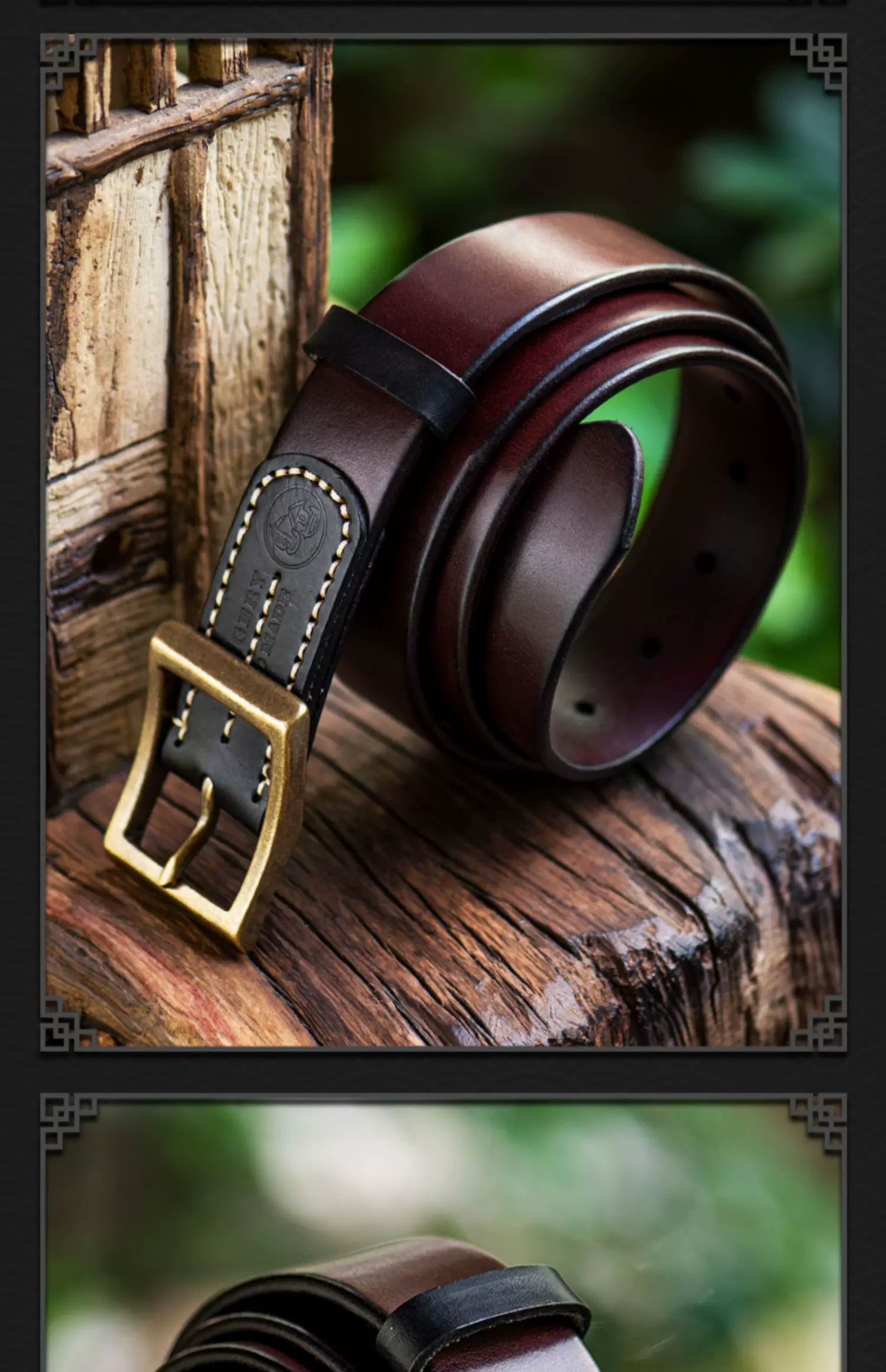 Burgundy Minimalist Full-Grain Leather Biker Belt with Brass Buckle – Hand-finished edge detail