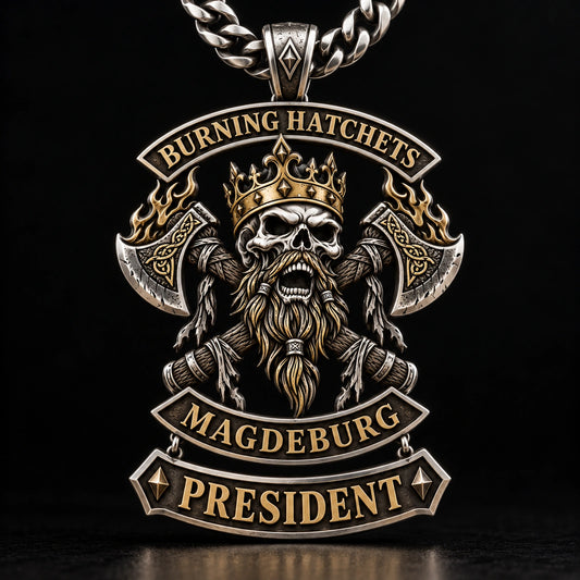 One Burning Hatchets motorcycle club officer pendant with President title integrated into the design.