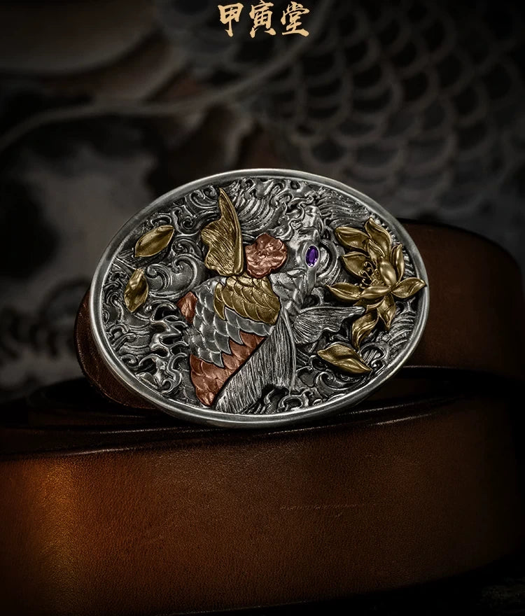 Carp Leaping Dragon Gate Lotus Biker Belt Buckle detail view 1