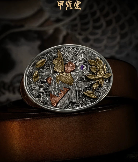 Carp Leaping Dragon Gate Lotus Biker Belt Buckle detail view 1
