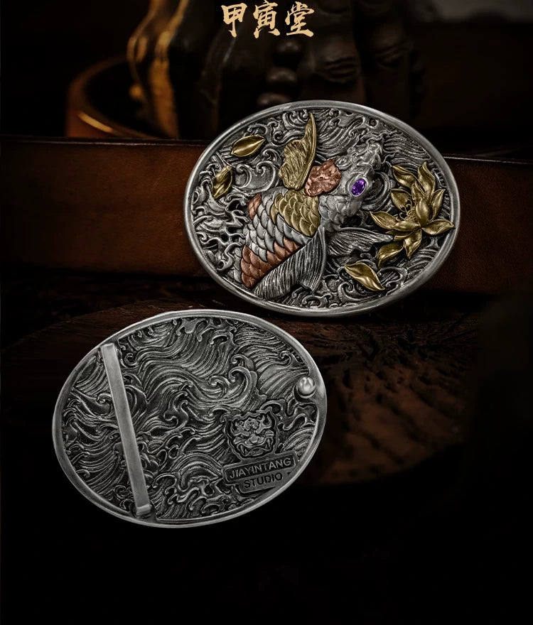 Carp Leaping Dragon Gate Lotus Biker Belt Buckle detail view 2