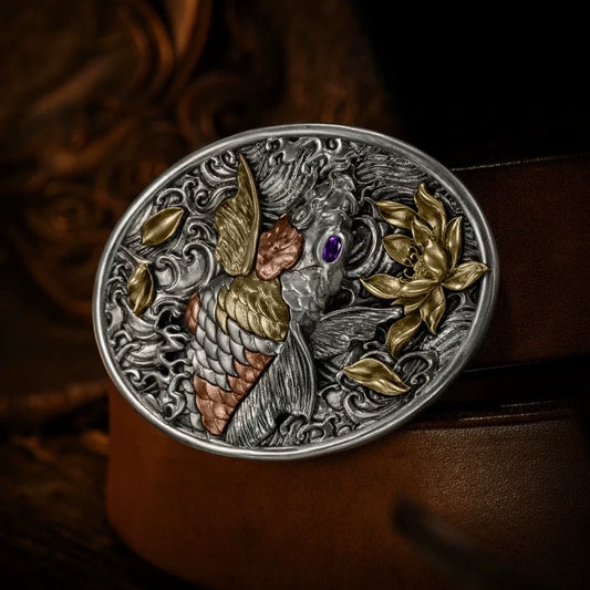 Carp Leaping Dragon Gate Lotus Biker Belt Buckle product view