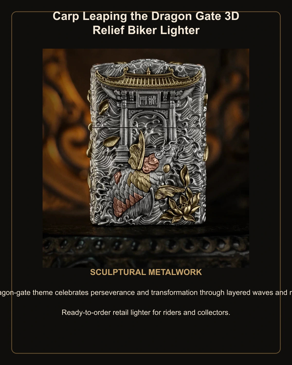 Carp Leaping the Dragon Gate 3D Relief Biker Lighter – English design story