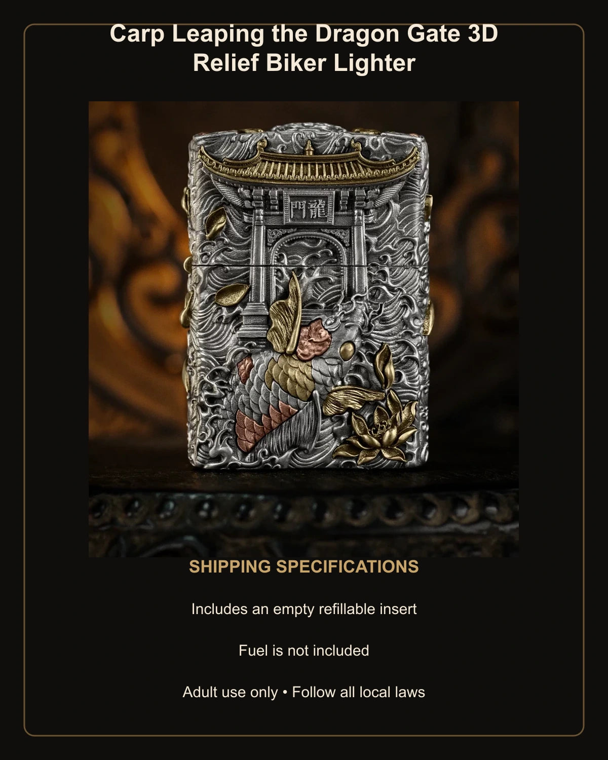 Carp Leaping the Dragon Gate 3D Relief Biker Lighter – empty refillable insert included and no fuel supplied