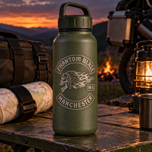 army green bottle with strong integrated carry loop prepared as motorcycle club riding gear.