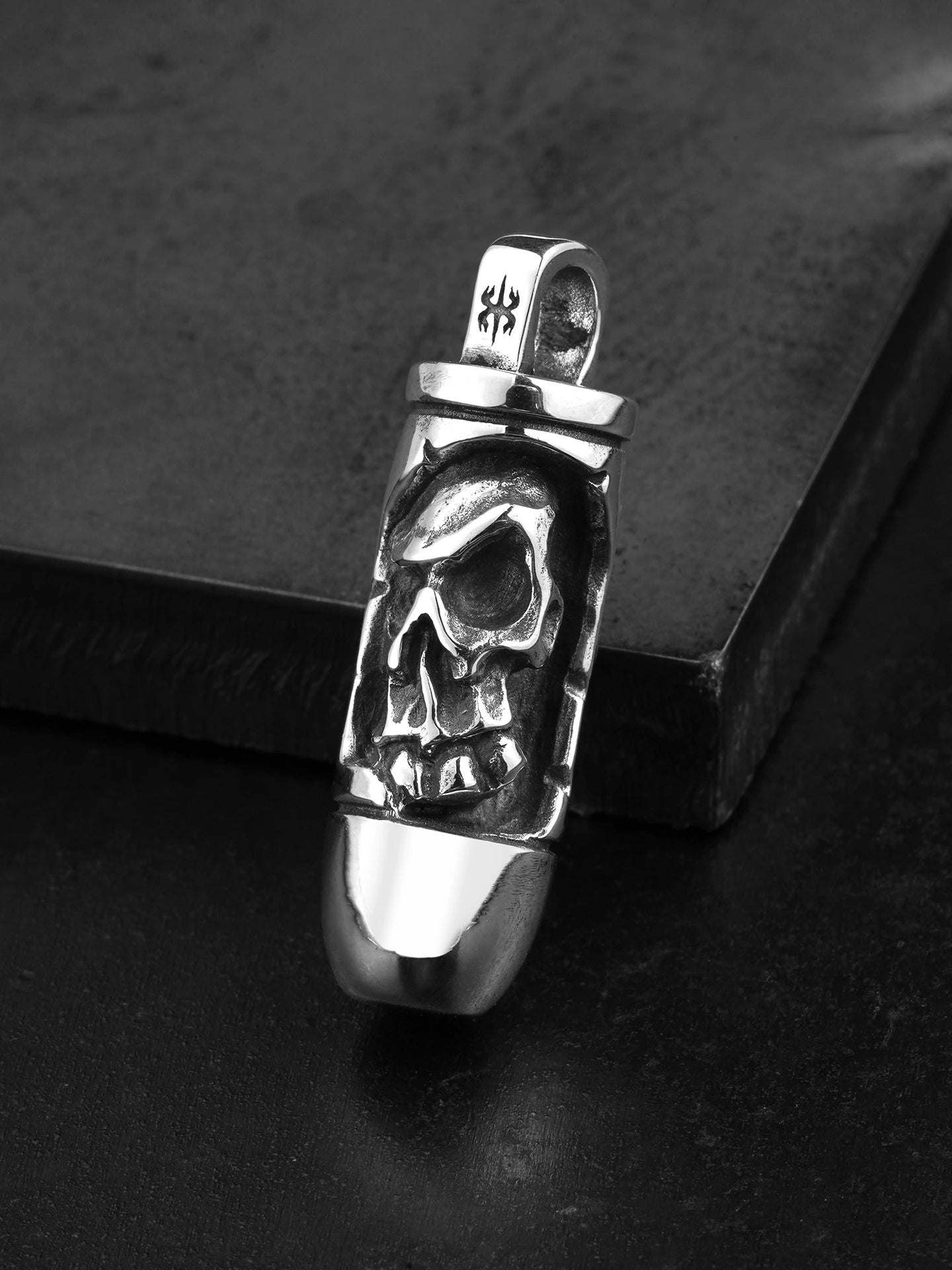 carved bullet sterling silver biker pendant product view 1