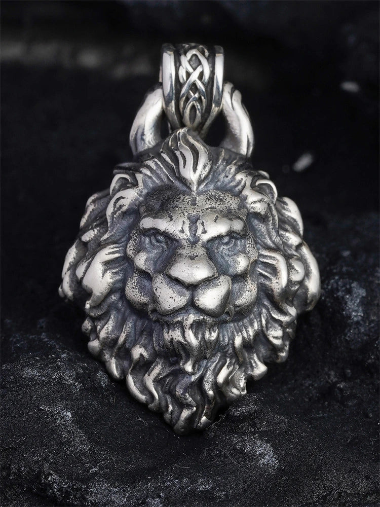 carved lion head sterling silver biker pendant product view 1