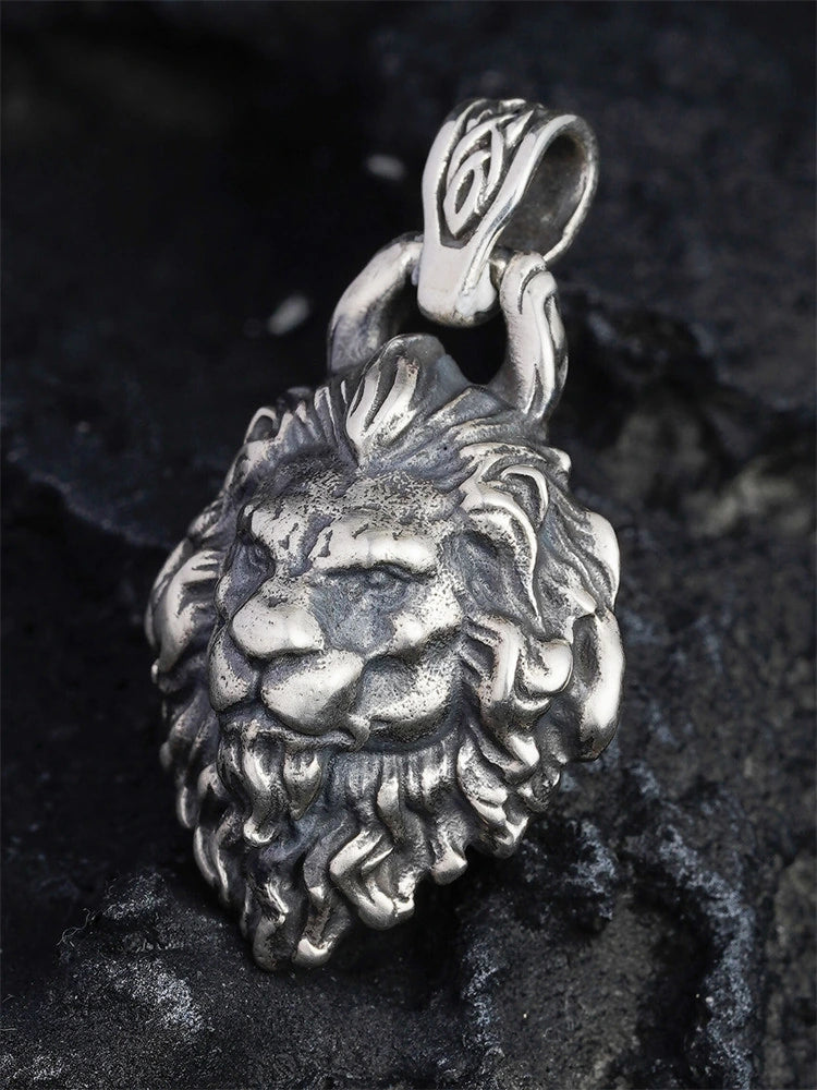 carved lion head sterling silver biker pendant product view 2