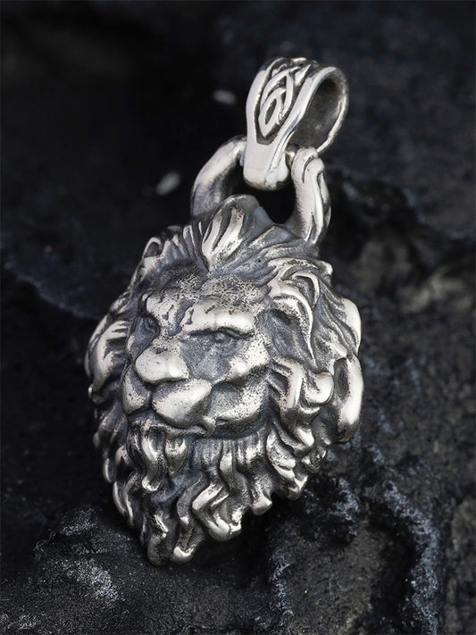 carved lion head sterling silver biker pendant product view 2