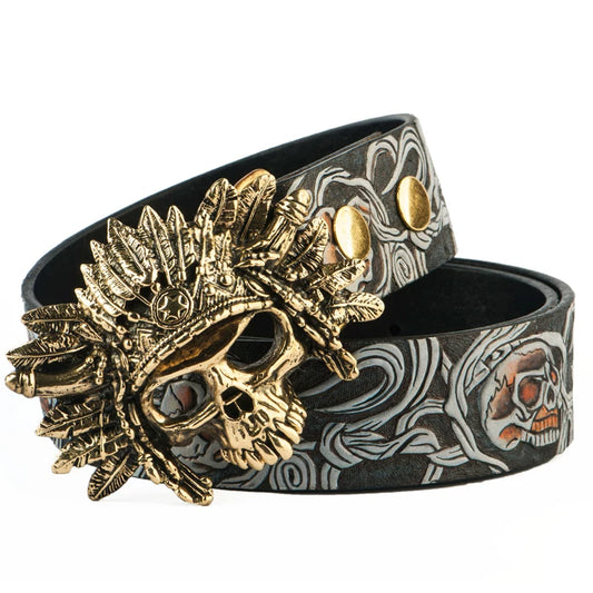 Carved Skull Full-Grain Leather Biker Belt with Brass Buckle – Complete carved skull belt