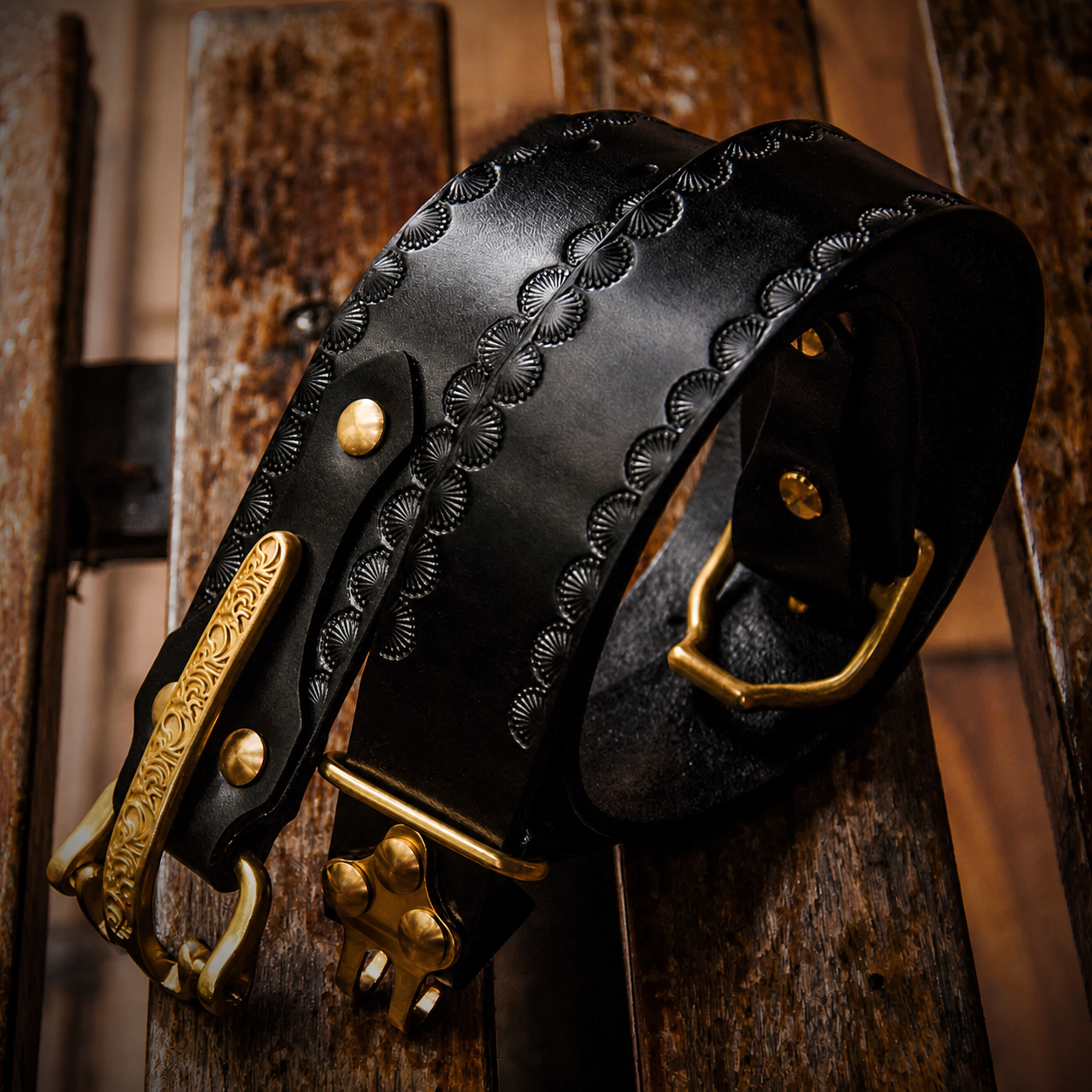 Cavalry Hook Brass Buckle Full-Grain Leather Biker Belt – Black product view