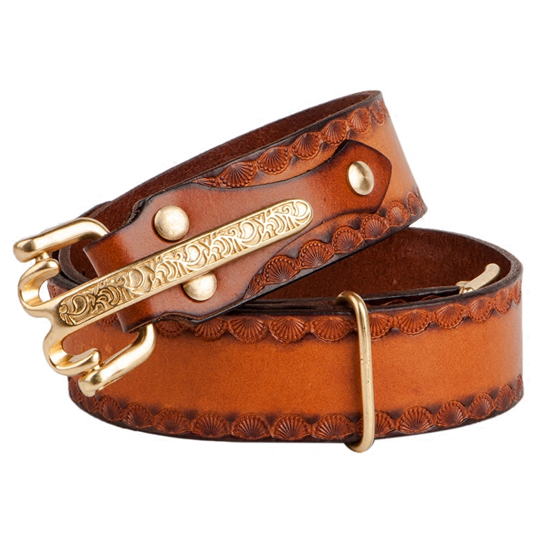 Cavalry Hook Brass Buckle Full-Grain Leather Biker Belt – Buckle and leather detail
