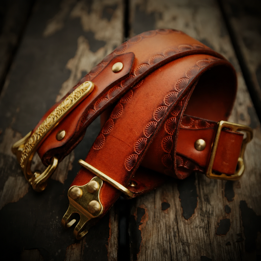 Cavalry Hook Brass Buckle Full-Grain Leather Biker Belt – Red Brown product view