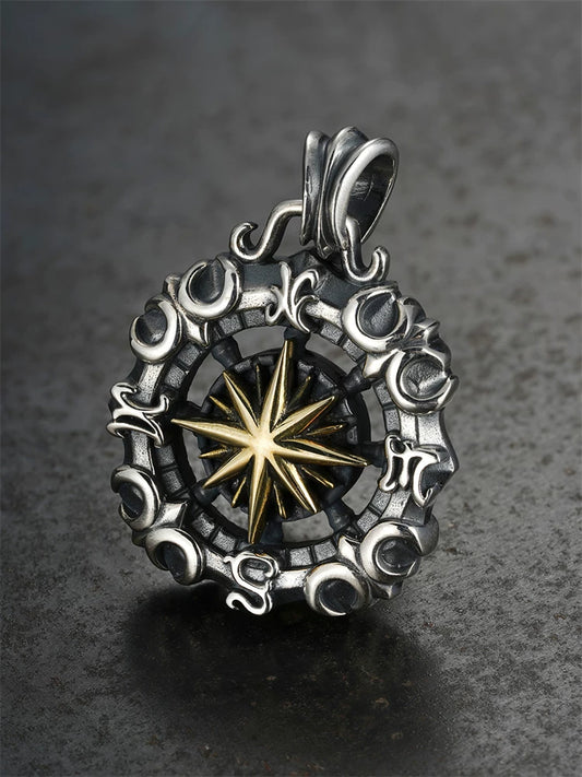 Celestial compass gold star sterling silver biker pendant front