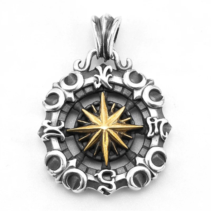 Complete celestial compass gold star pendant on white