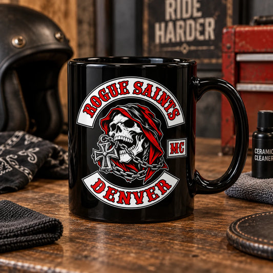 Complete black ceramic mug with a detailed club emblem decal accurately aligned before firing, clean decal tools nearby, no hands.