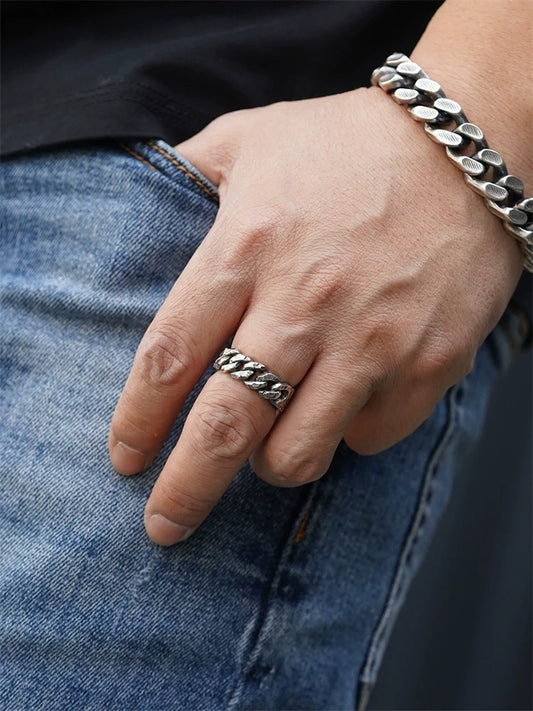 Chain and Hammered 925 Sterling Silver Biker Band Ring product view 1
