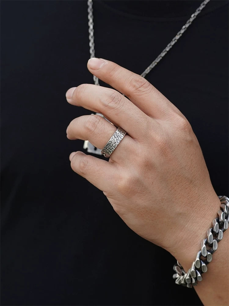 Chain and Hammered 925 Sterling Silver Biker Band Ring product view 2