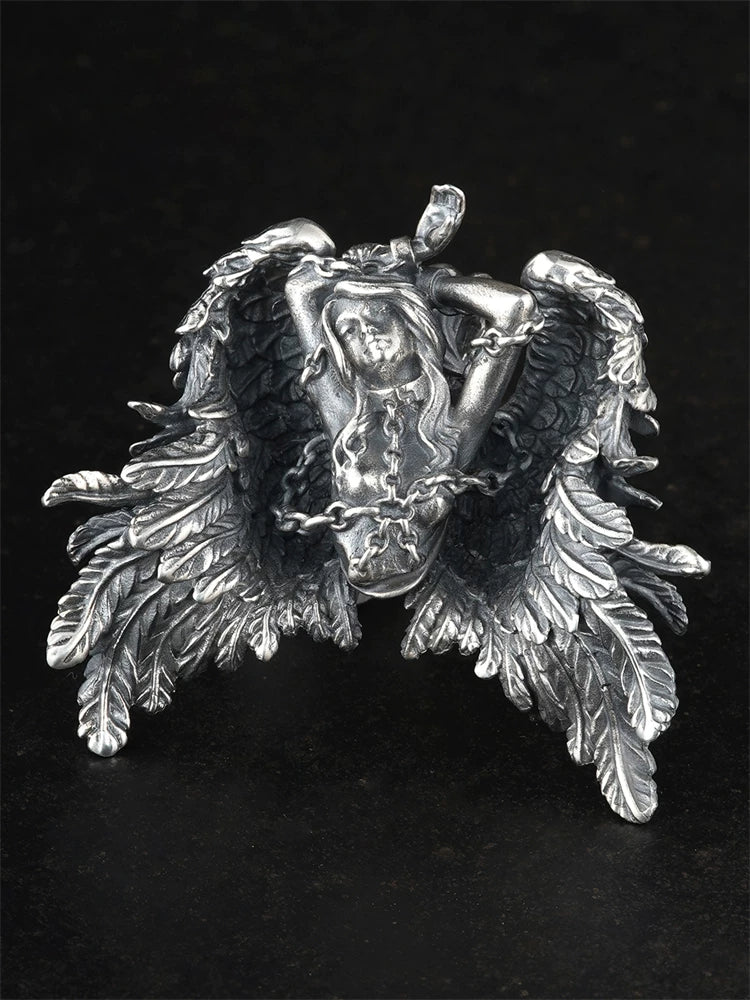 Chained winged Andromeda sterling silver biker pendant front view