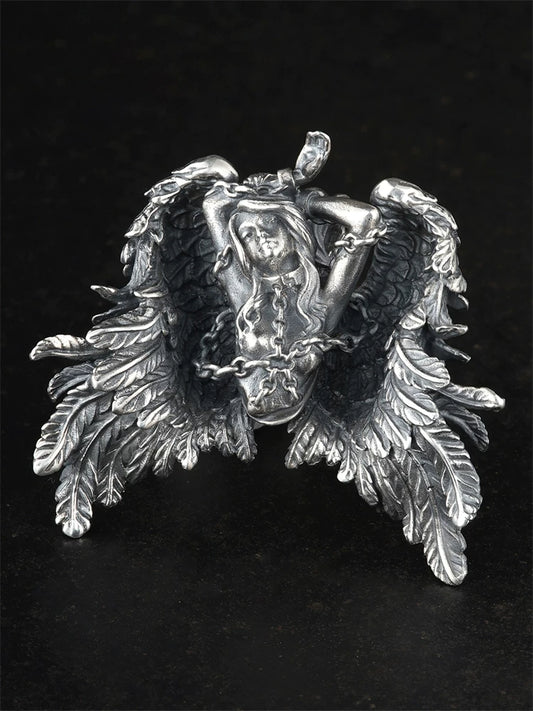 Chained winged Andromeda sterling silver biker pendant front view
