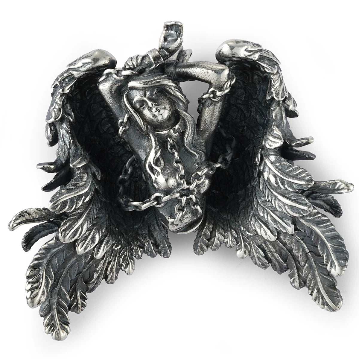 Chained winged Andromeda sterling silver biker pendant isolated on white