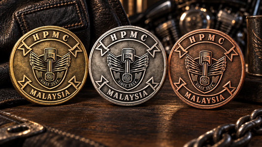 Brass, zinc alloy and copper motorcycle club challenge coins compared.