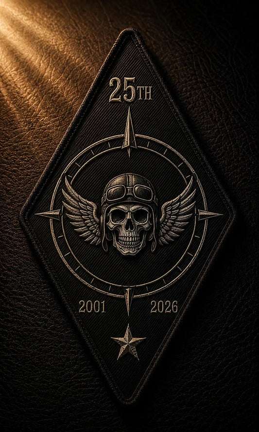 Vertical diamond motorcycle club chapter anniversary patch with compass design, club logo and years 2001–2026.