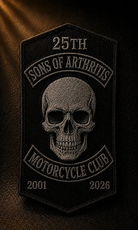 Vertical embroidered motorcycle club chapter anniversary patch with a dominant club logo and simple drive-chain detail.