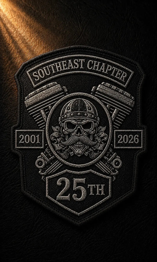 Vertical embroidered motorcycle club chapter anniversary patch with club logo, V-twin motif and 25th anniversary details.