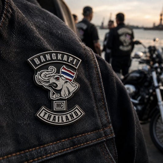 Black nickel chapter pin carrying an approved motorcycle club logo.
