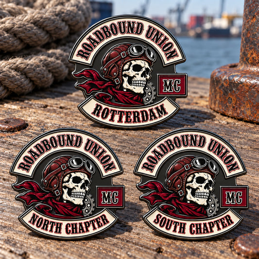 Black nickel chapter pin carrying an approved motorcycle club logo.