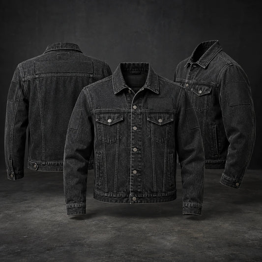 Coordinated charcoal denim jackets prepared for different chapter details.