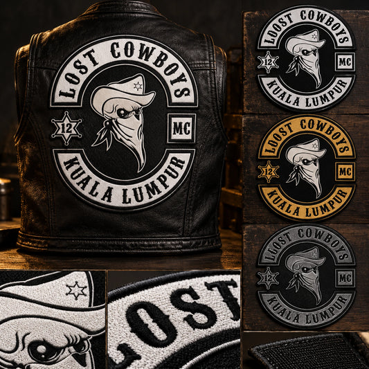 Matched chapter patches with controlled variations shown for a custom motorcycle club patch system in shipping preparation table.
