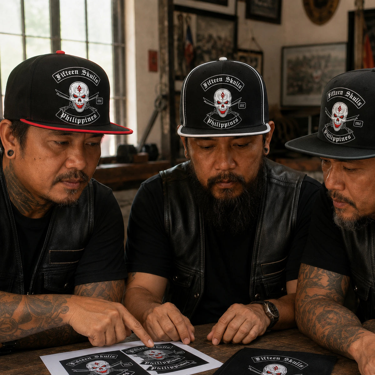 Motorcycle club members review coordinated flat-brim caps built around one official emblem and chapter identity.