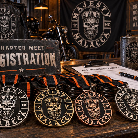 Chapter meet registration table featuring coordinated solid medals. Custom motorcycle club medal.