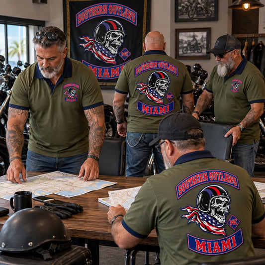 Southern Outlaws Miami chapter members prepare a clubhouse meeting in coordinated olive and navy custom polos.