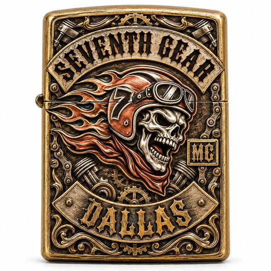 Chapter-specific motorcycle club lighter with authorized emblem and location