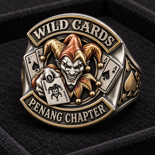 Chapter designed from an authorized motorcycle club emblem in 925 Sterling Silver + Brass + Red Copper natural metal tones.