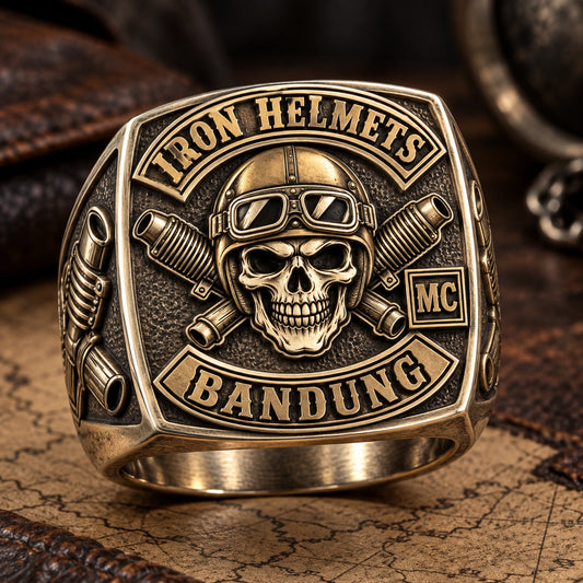 Chapter Rings designed from an authorized motorcycle club emblem in White Copper + Brass natural metal tones.