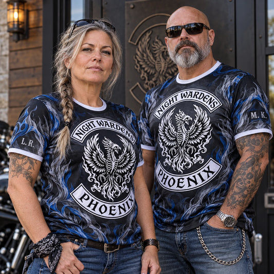 Personalized chapter performance T-shirts with coordinated motorcycle club colors.