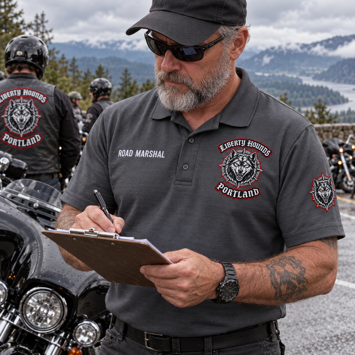 A Liberty Hounds Portland route marshal wears a charcoal grey polo with chest title, club emblem and sleeve branding.