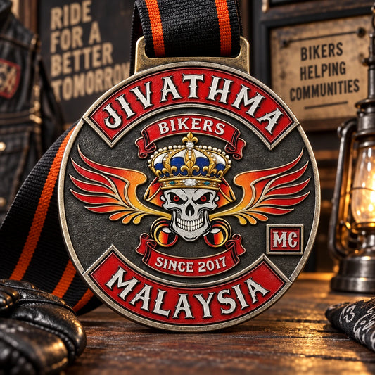 Solid dual-tone charity and poker run event medal. Custom motorcycle club medal.