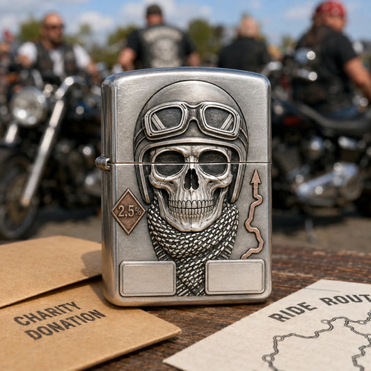 Charity ride motorcycle club lighter with authorized organizer emblem